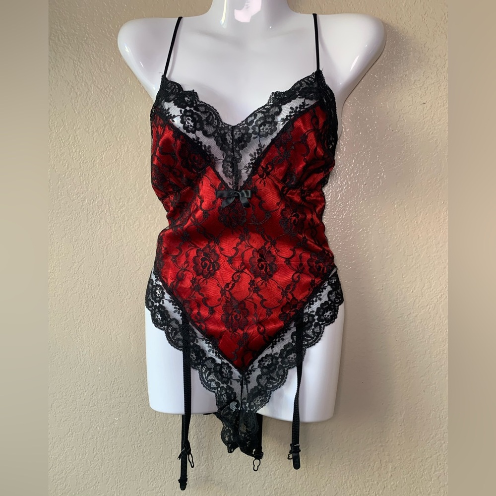 Vintage BLISS Red satin Black Lace Teddy With Garter Whimsigoth Size L